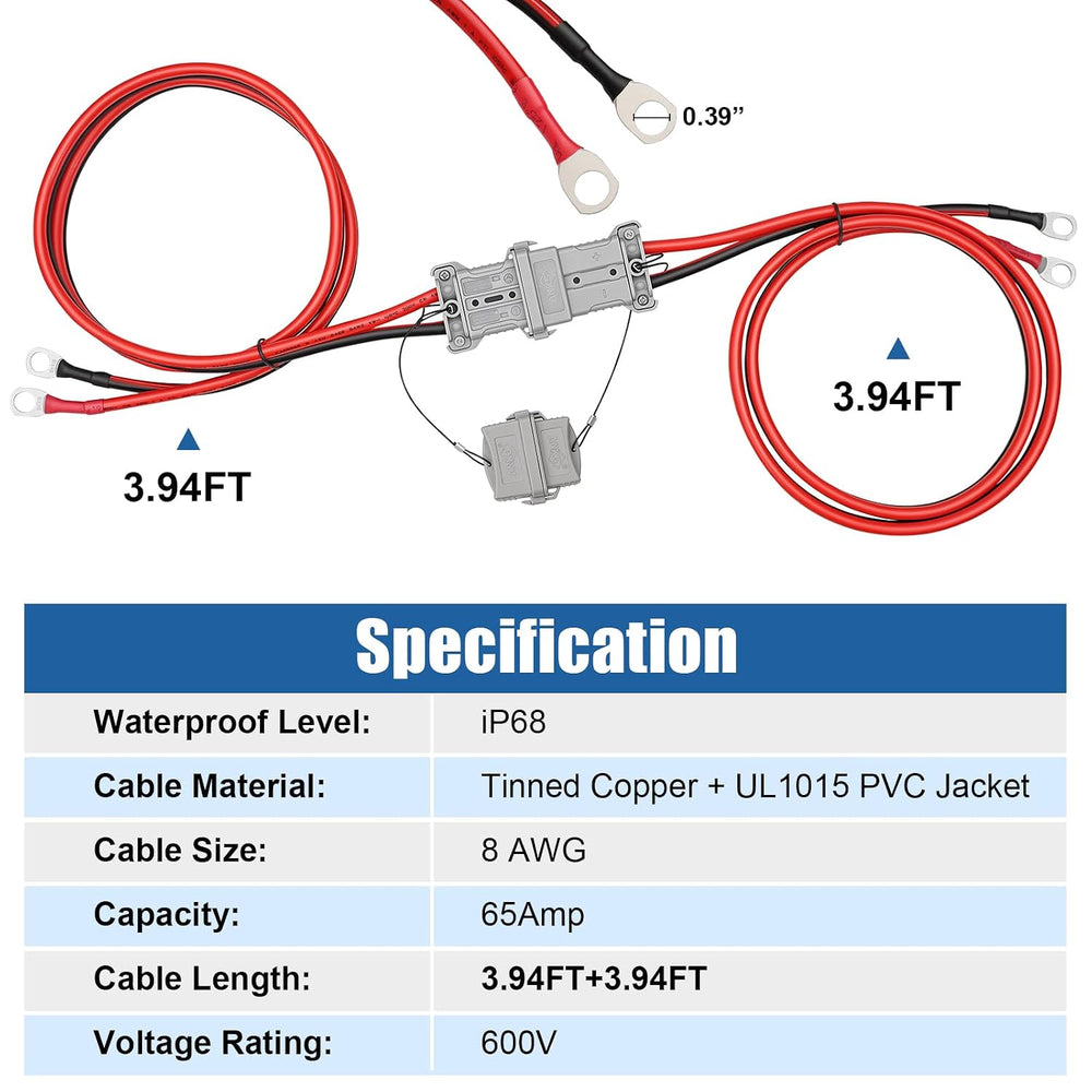 50A IP68 Waterproof Battery Quick Connect Disconnect 3.94FT 8 AWG Cable with Heavy Duty Jumper Cable Quick Plug for Winch RV Boat Marine Trailer Solar Towing System （Gray）