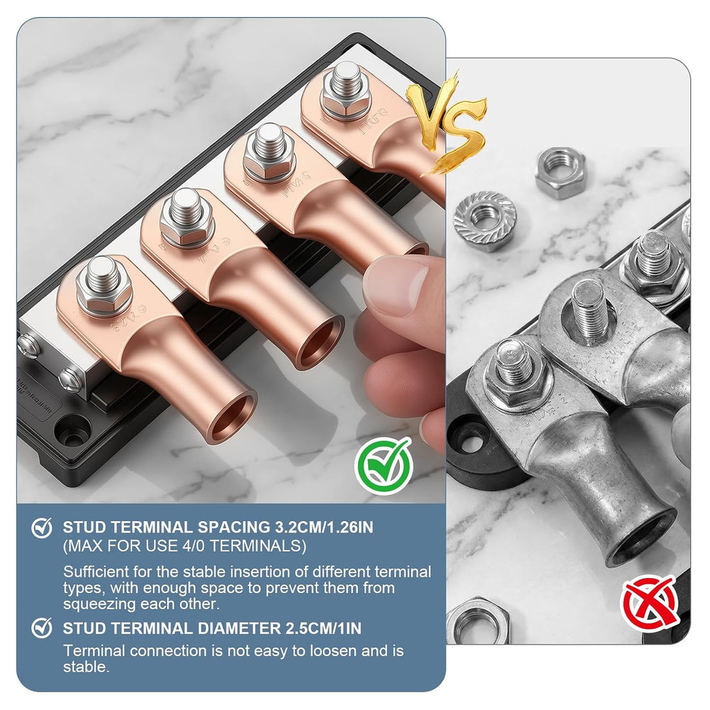 600A 48V DC Heavy Duty Bus Bar Power Distribution Terminal Block C11000 tin-plated copper,4×M10+4×M4 studs,quick mount,for marine,automotive,RV,boat,solar positive negative power busbar