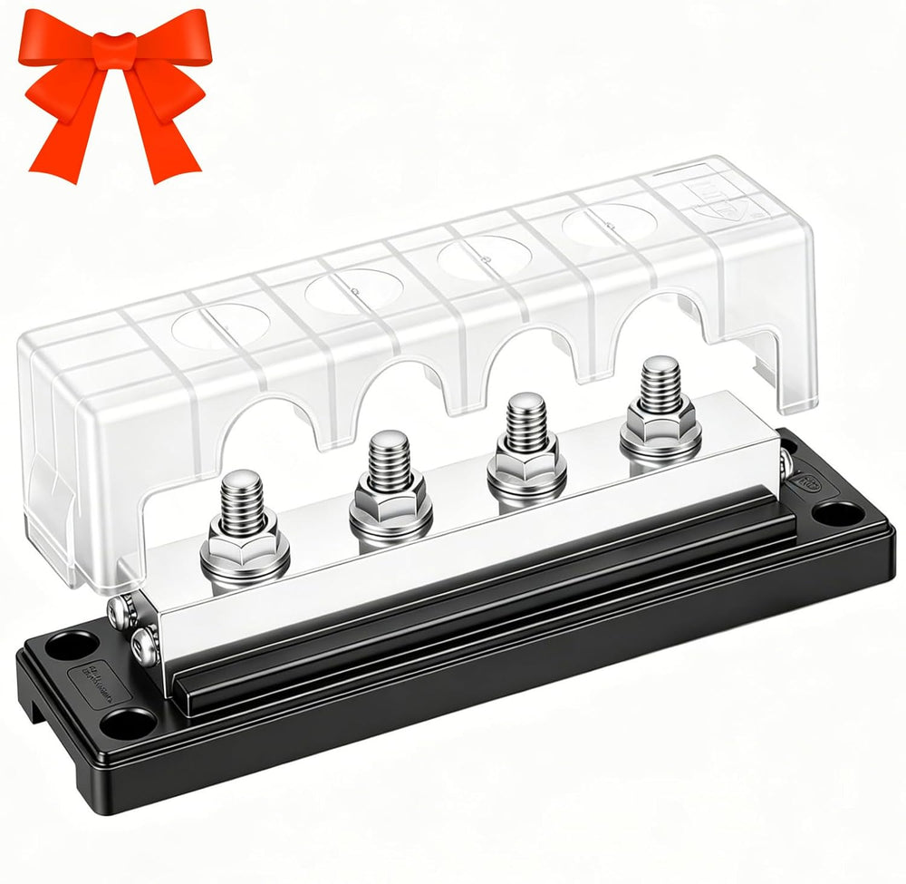 600A 48V DC Heavy Duty Bus Bar Power Distribution Terminal Block C11000 tin-plated copper,4×M10+4×M4 studs,quick mount,for marine,automotive,RV,boat,solar positive negative power busbar